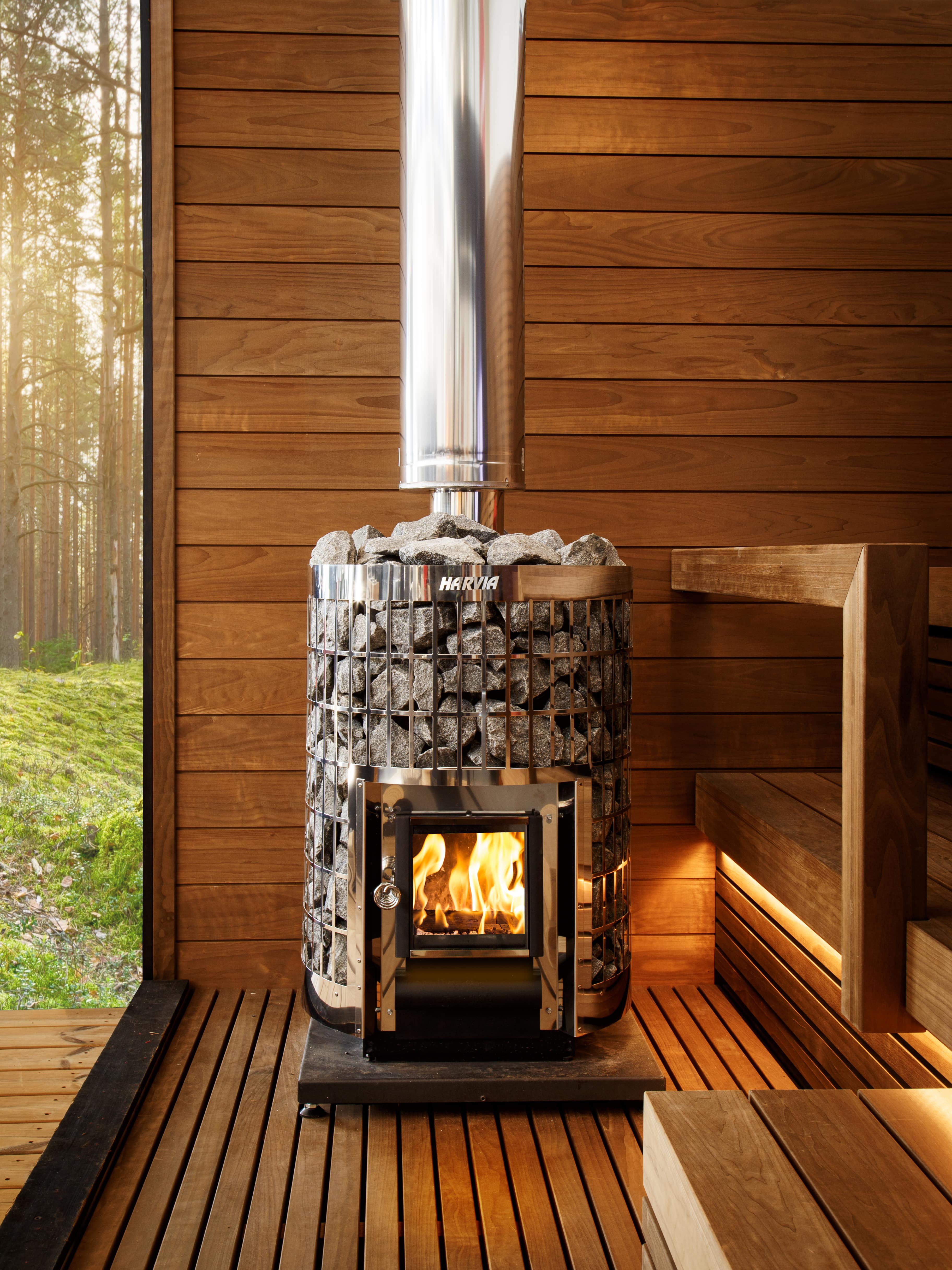 Harvia Cilindro 20 | Saunaofen Holz Komplettset mit BimSchV Stufe 2 - inkl. Schornsteinset nach Wahl & 120 kg Saunastein | 17 kW