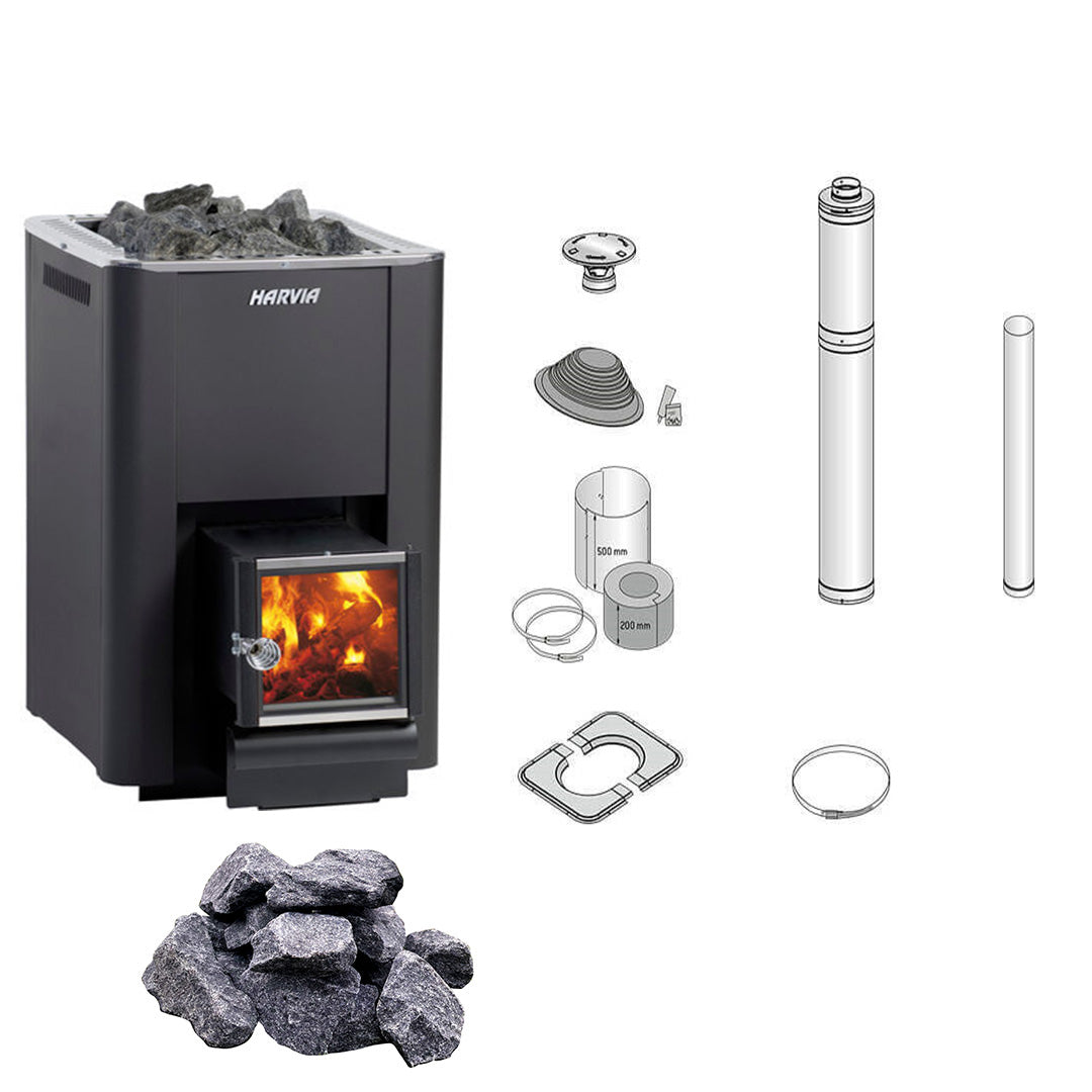 Harvia 20 Pro SL | Saunakachel hout complete set voldoet aan BimSchV niveau 2 inclusief schoorsteenset &amp; 40 kg saunastenen | 14,3 kW